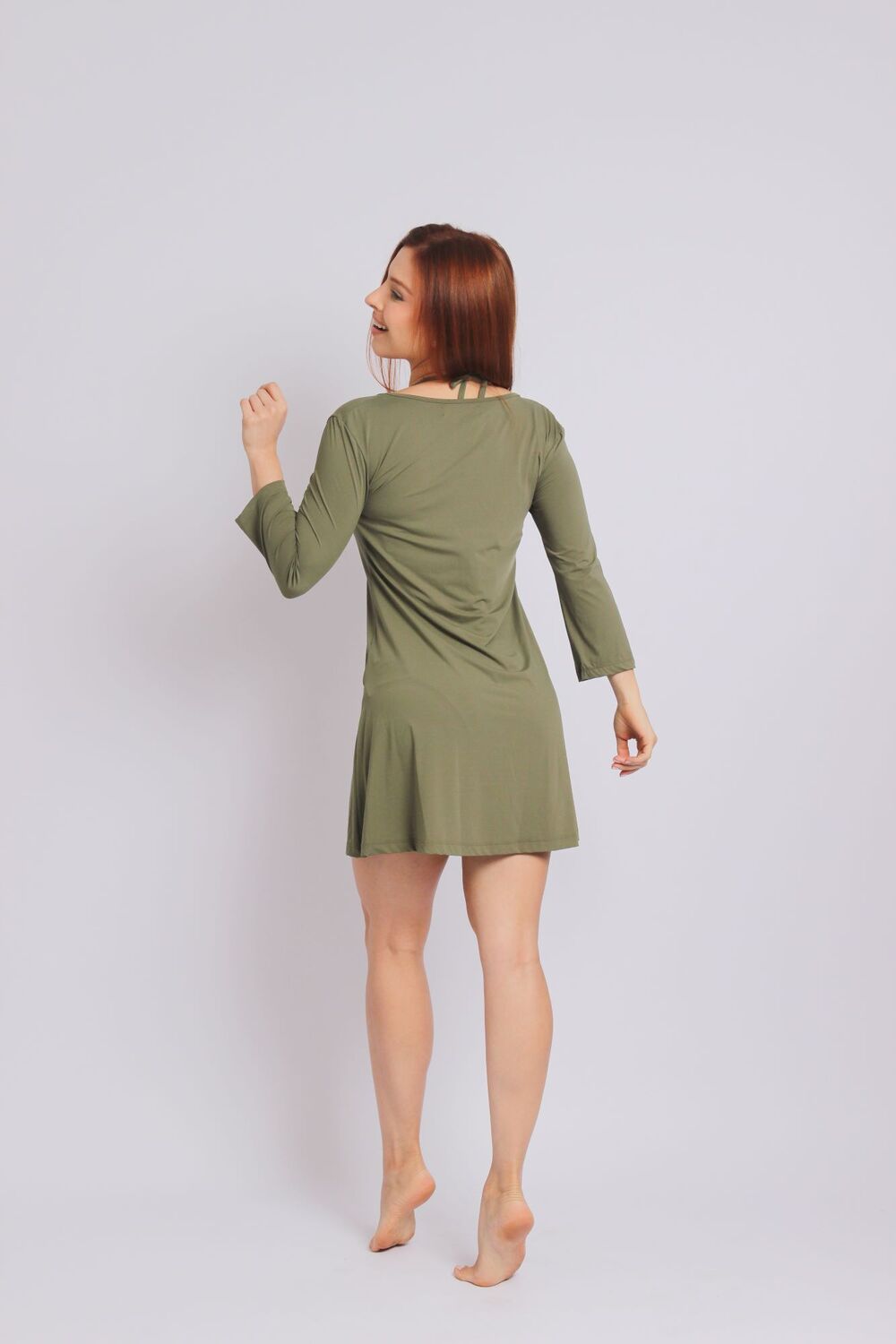 3375 - Saída de Praia Tretti Vestidinho Meia Manga Verde Oliva - Duna Casual