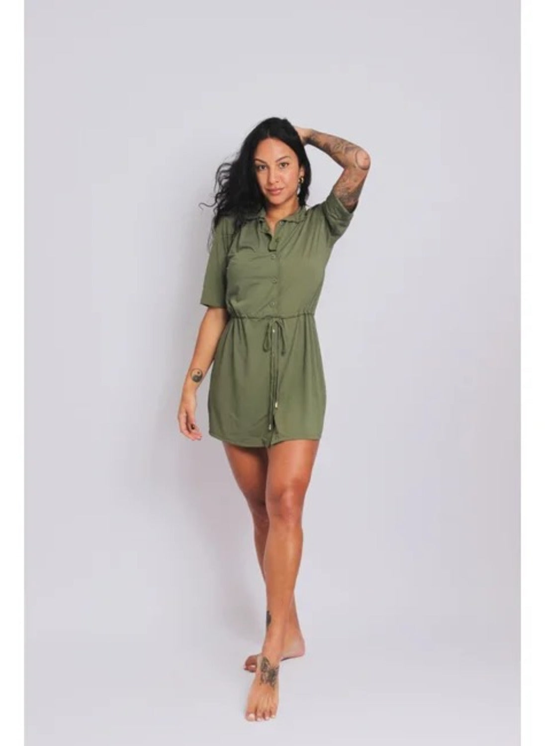 4003 - Saída De Praia Curta Camisão De Malha Fria Verde Oliva - Duna Casual