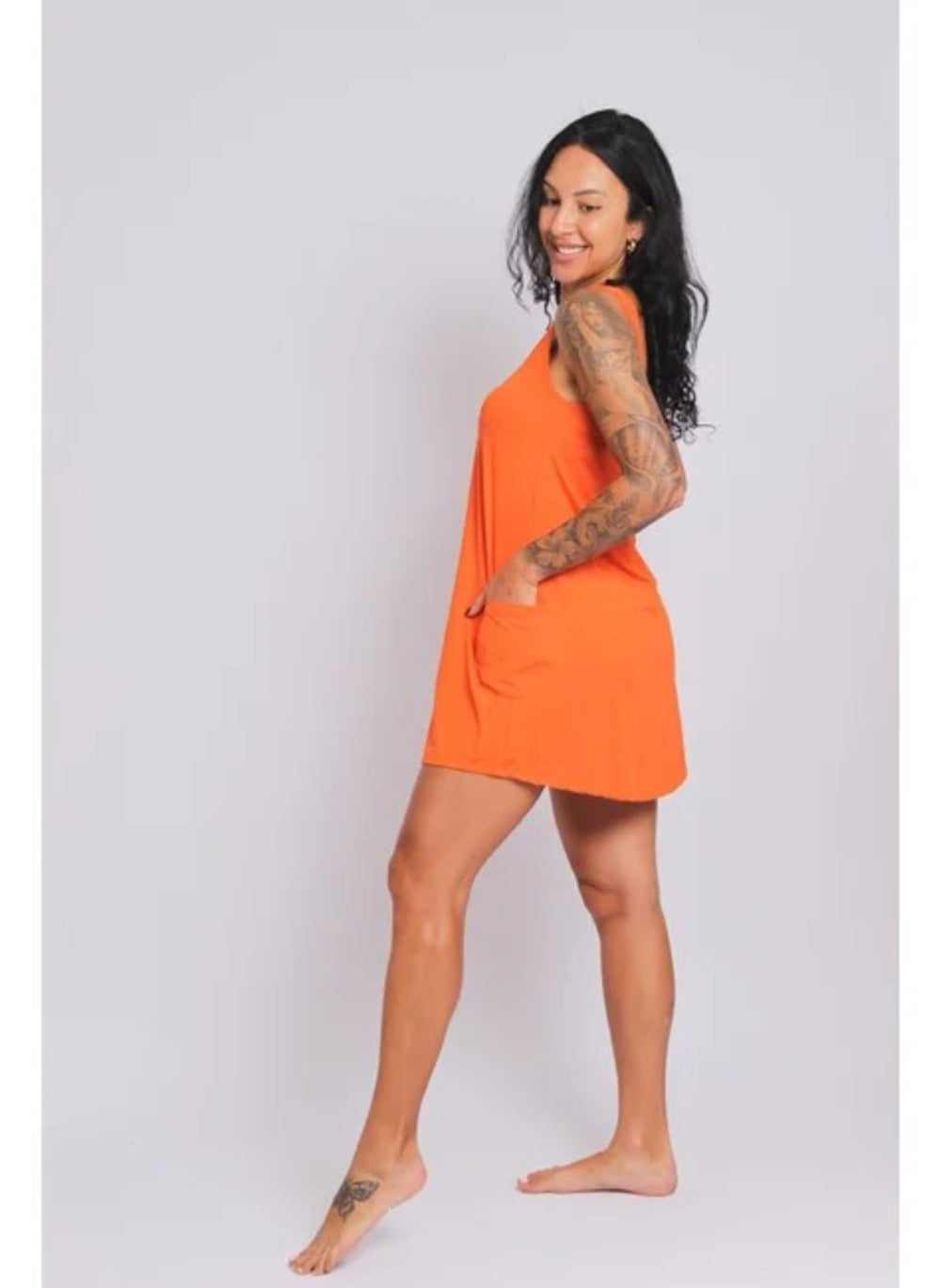 3105 - Saída de Praia Vestido Curto Com 2 Bolsos Laranja - Duna Casual