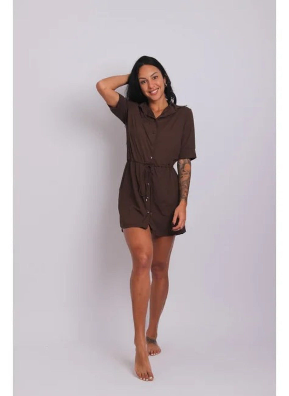 4003 - Saída De Praia Curta Camisão De Malha Fria Marrom - Duna Casual