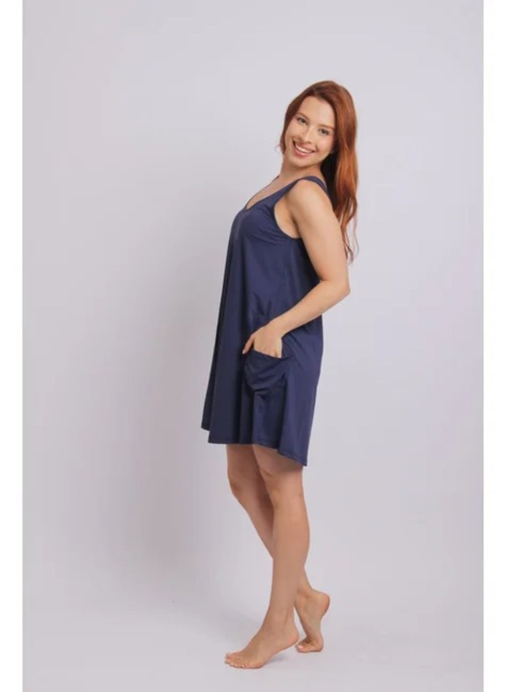 3105 - Saída de Praia Vestido Curto Com 2 Bolsos Azul Marinho - Duna Casual