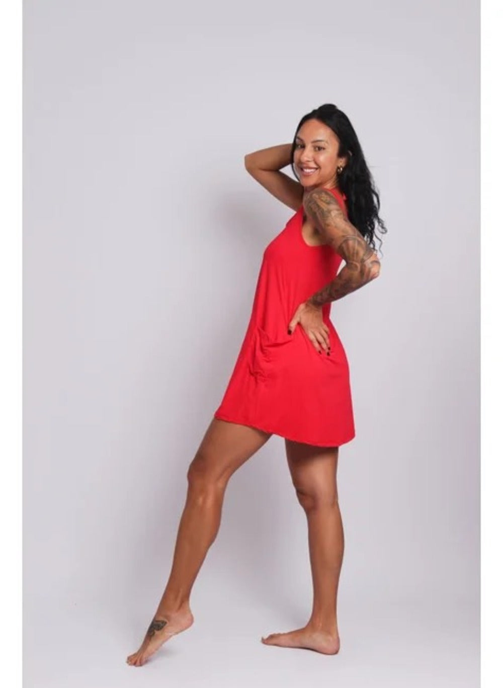 3105 - Saída de Praia Vestido Curto Com 2 Bolsos Vermelho - Duna Casual