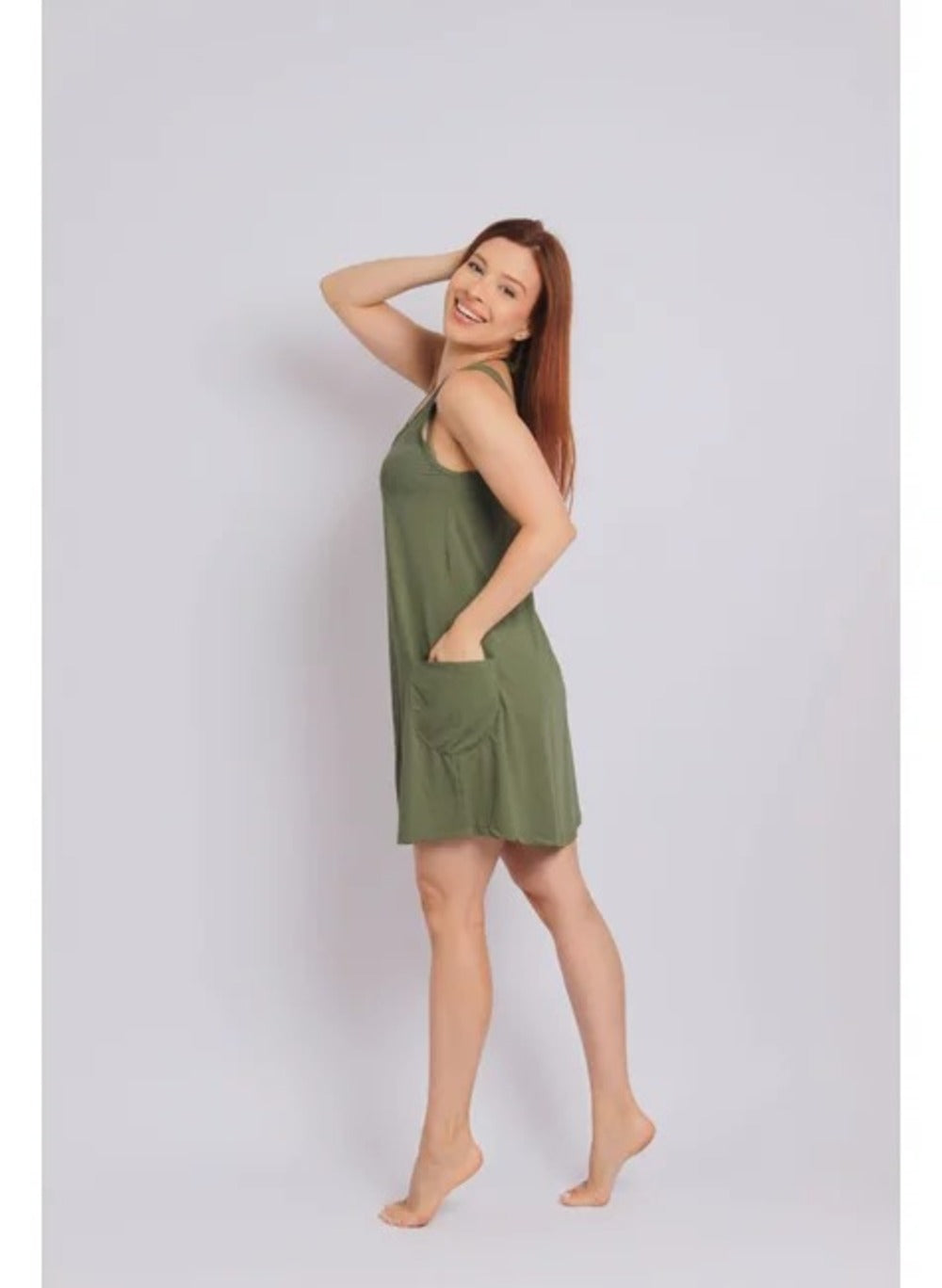 3105 - Saída de Praia Vestido Curto Com 2 Bolsos Verde Oliva - Duna Casual