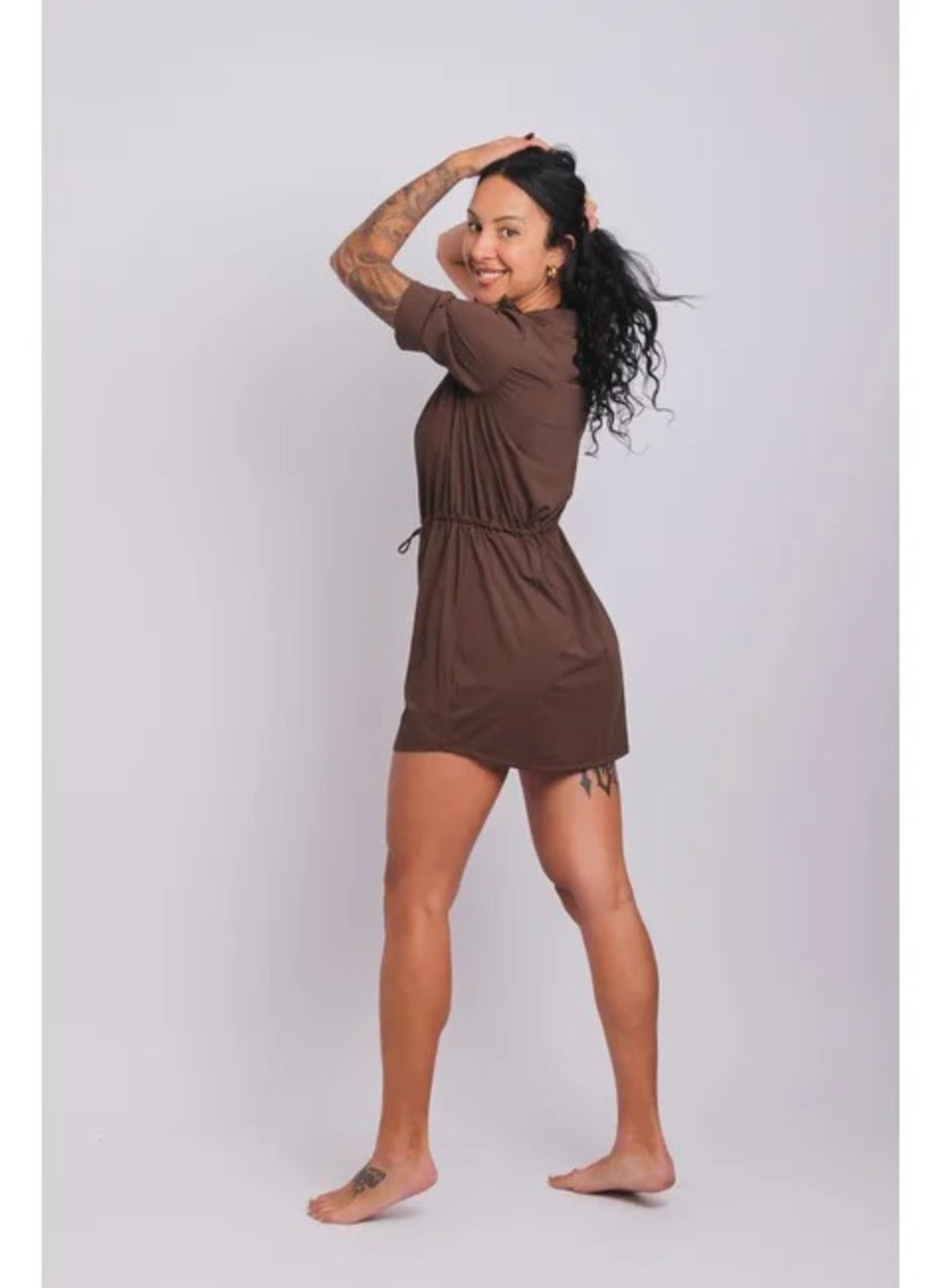 4003 - Saída De Praia Curta Camisão De Malha Fria Marrom - Duna Casual